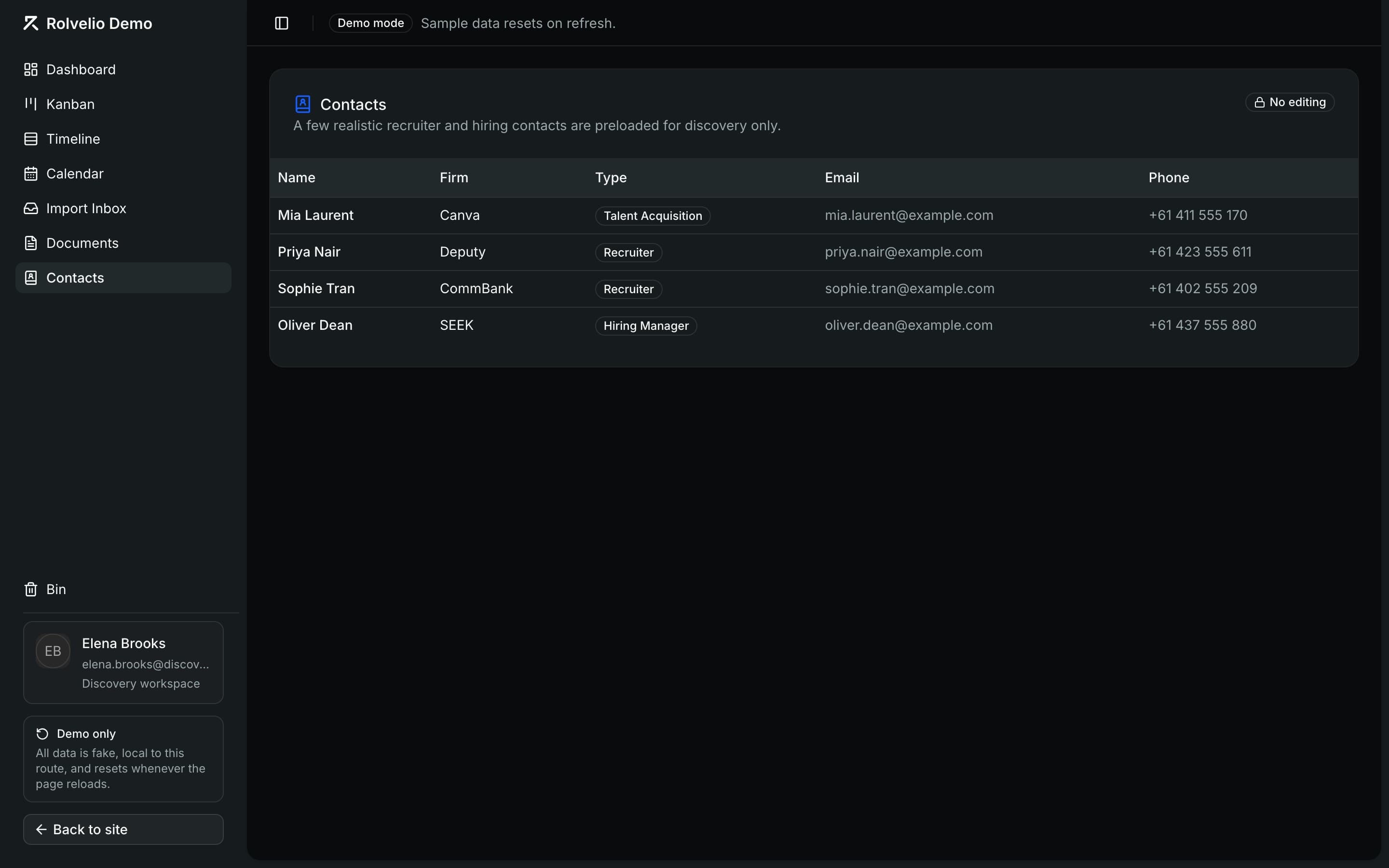 Rolvelio contacts table with recruiters and hiring managers