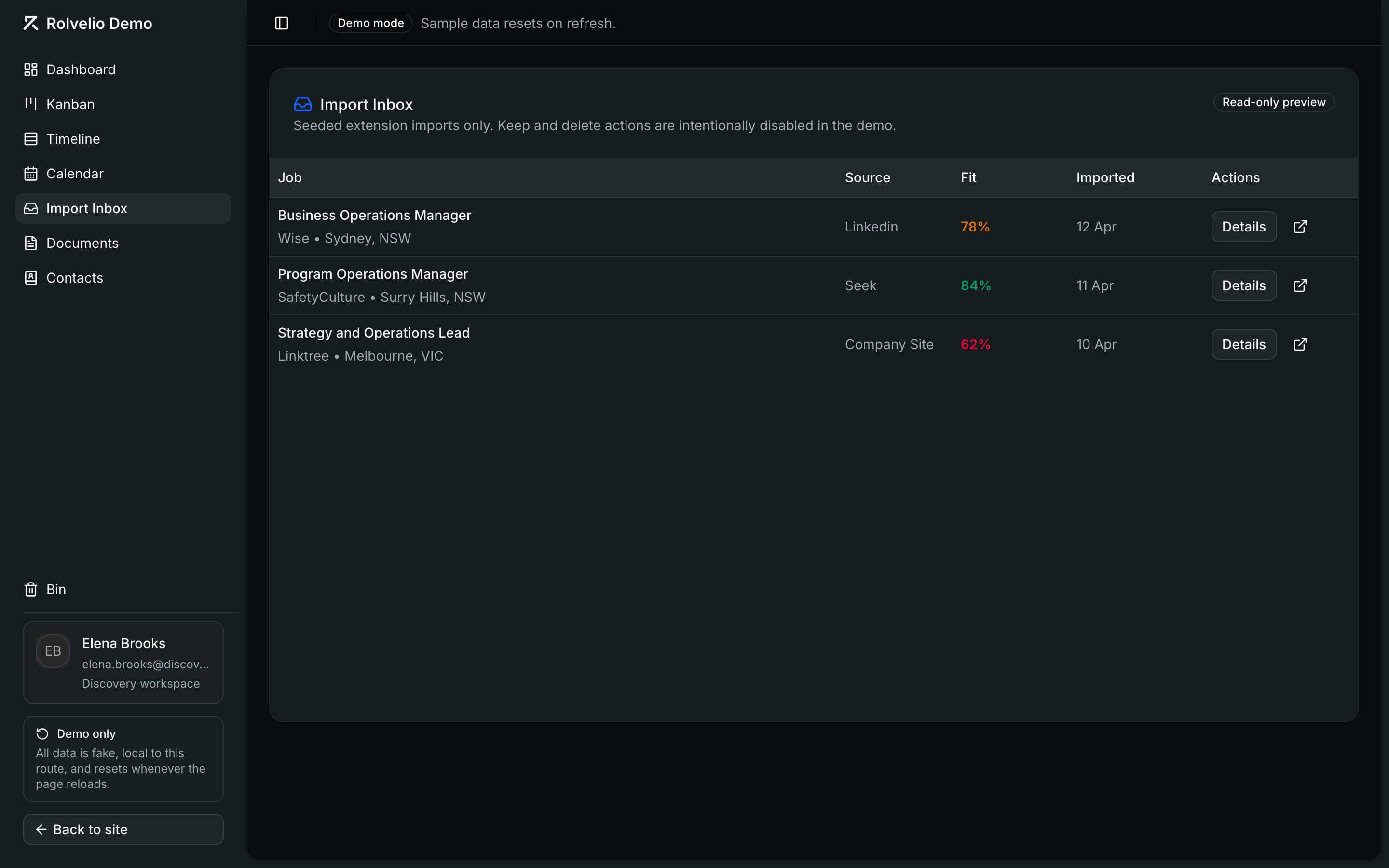Rolvelio import inbox showing fit scores for imported jobs