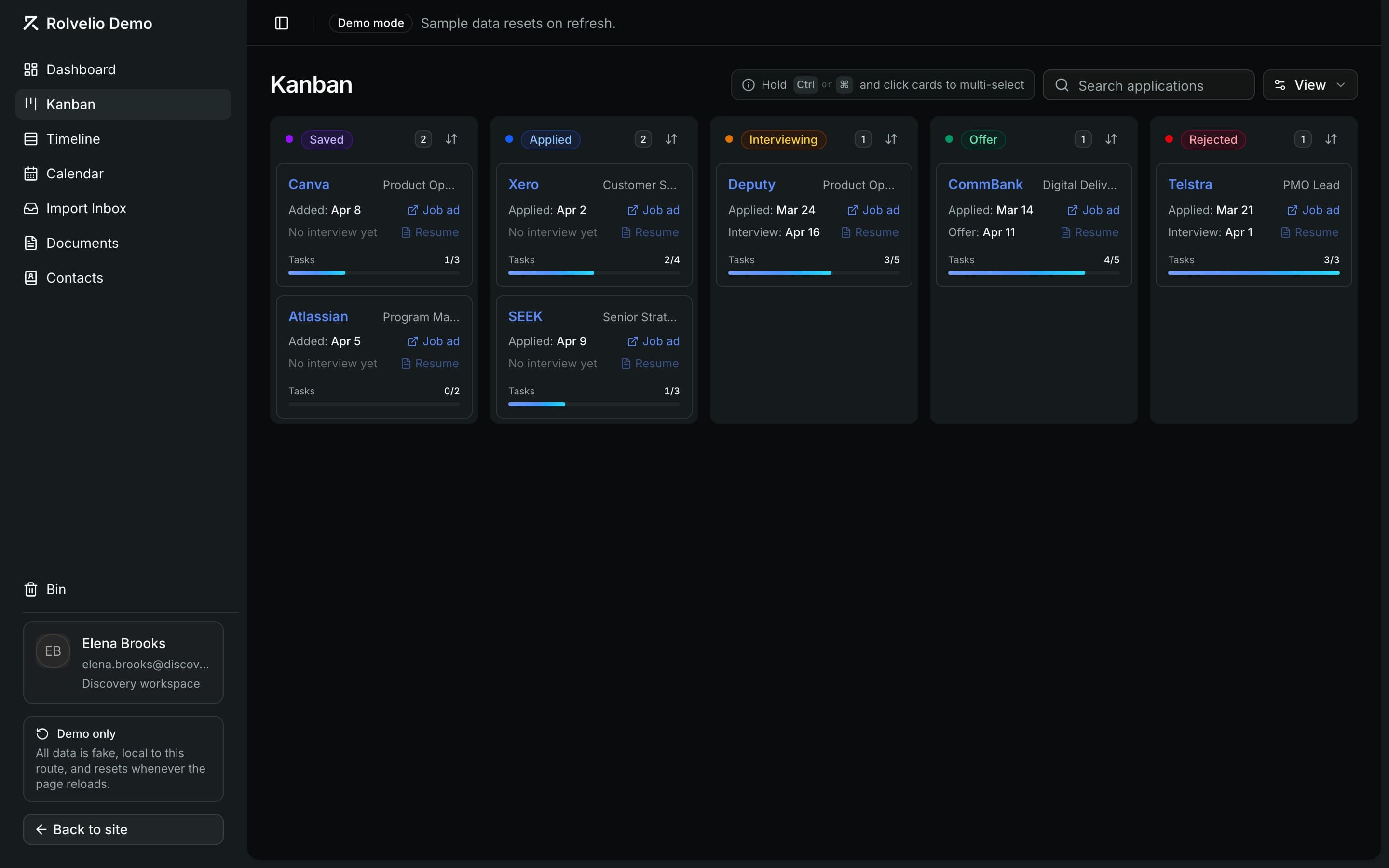 Rolvelio kanban board showing job applications across pipeline stages