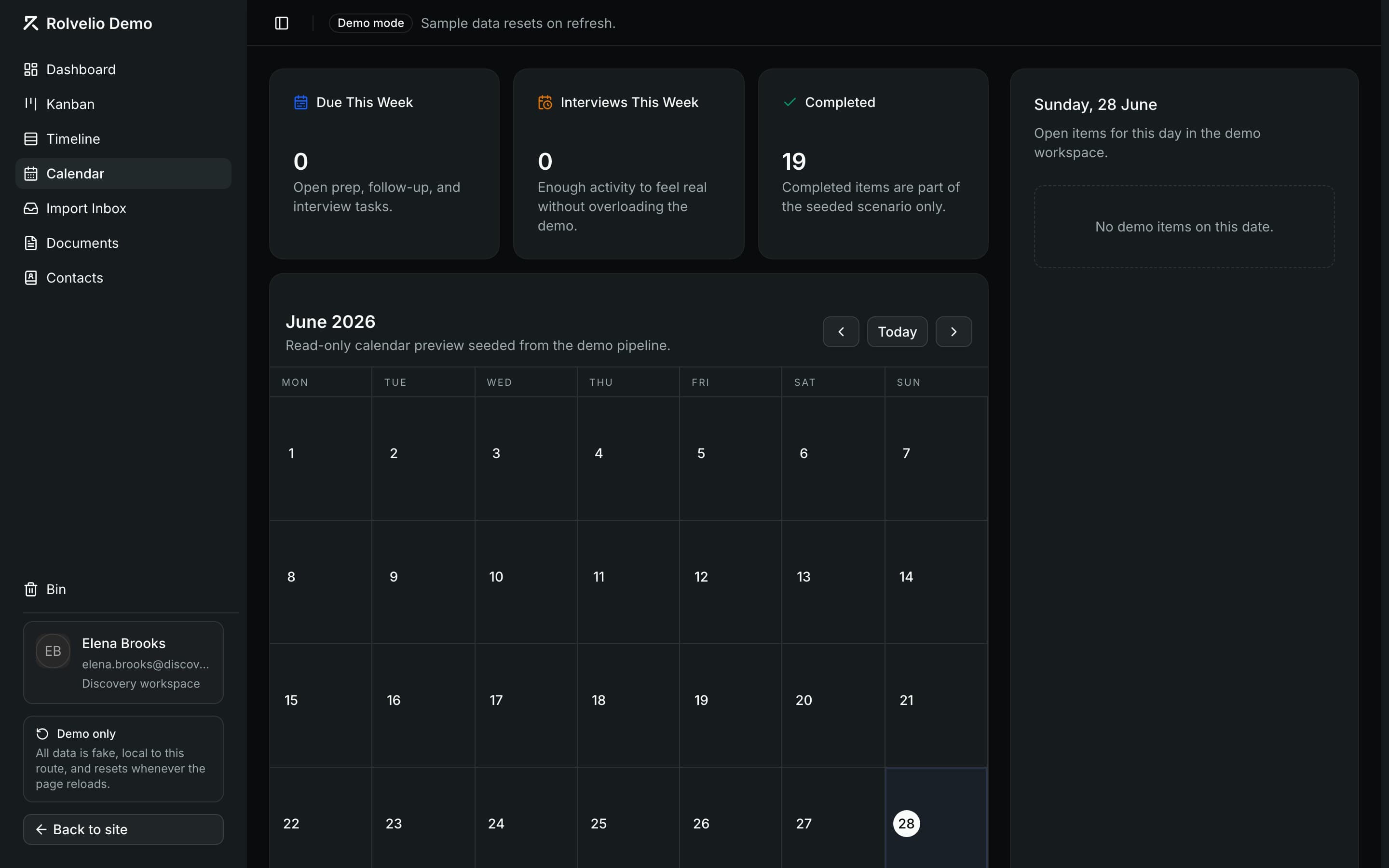 Rolvelio calendar showing interview and follow-up tasks